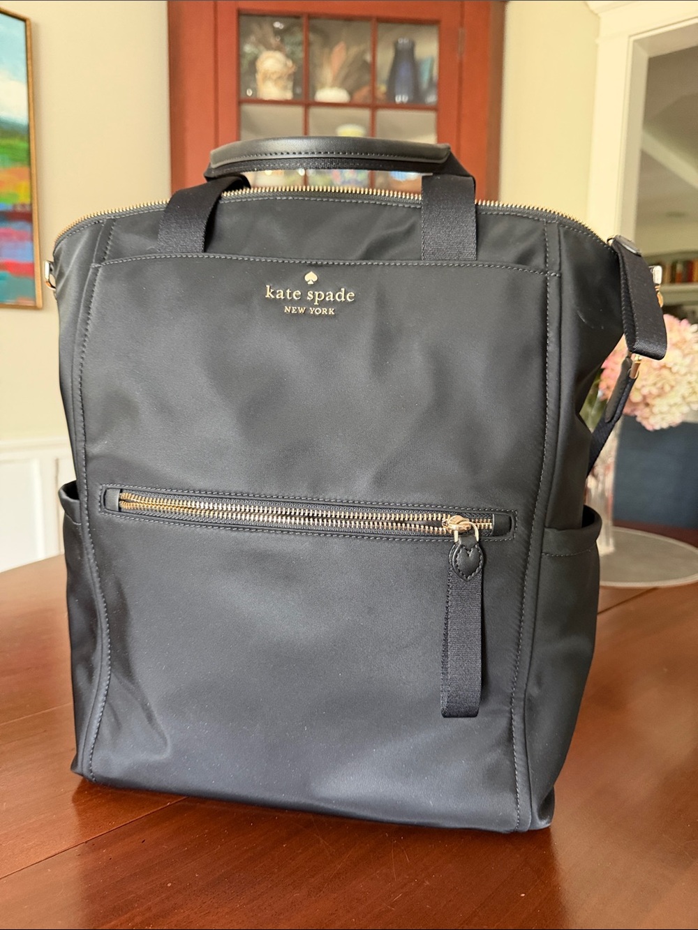 kate spade black nylon backpack with gold hardware